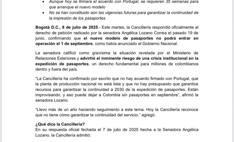  Cancillería reconoce que no arrancará en septiembre el nuevo modelo de expedición de pasaportes
